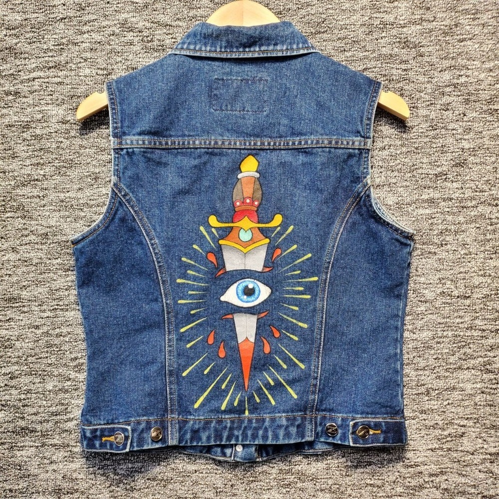 Vintage 90s Zana Di Denim Vest Graphic Dagger Eye Tattoo MedPainted Jean Trucker